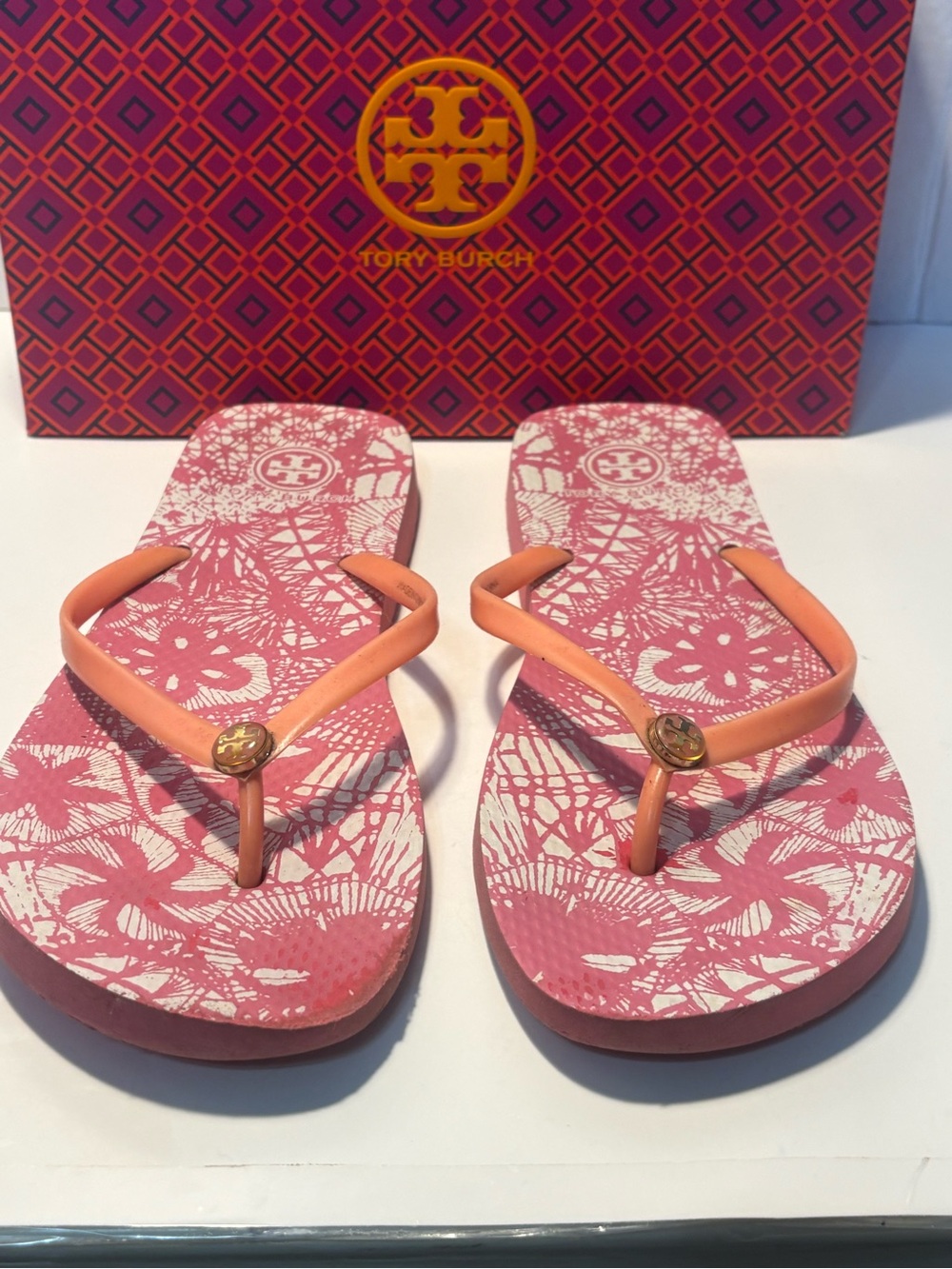Tory Burch Pink Floral Flip Flop Sandals with Peach Straps
